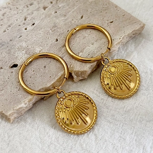 Stainless Steel Sunburst Pendant Hoop Earrings For Women 18K Gold Plated Vintage Bohemian Style Sun Ray Round Jewelry