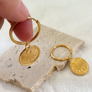 18K gold plated stainless steel hoop earrings with sunburst motif on natural stone
