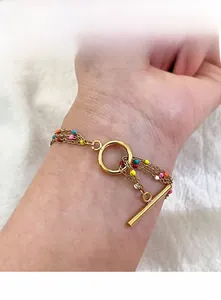 Three-layer gold stainless steel bracelet with colorful enamel beads and OT toggle clasp
