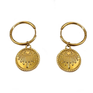 Golden 18K stainless steel hoop earrings with sunburst coin pendants and relief design
