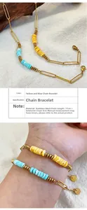 Detail of stainless steel paperclip bracelet with colorful beads and 17cm+4cm chain sizing