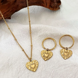 Vintage Heart Jewelry Including Beaded Chain Necklace And Hoop Earrings Gold Plated Stainless Steel Sunburst Star Pattern