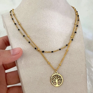 Collana A Doppio Strato Ciondolo Albero Della Vita Acciaio Inossidabile Placcato Oro 18K Con Perle Smalto Nero Donna
