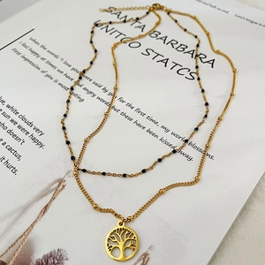 Collana a doppio strato placcata oro 18 carati con ciondolo albero della vita e perline