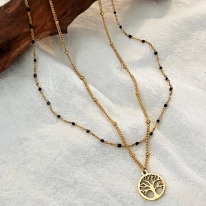Collana a doppio strato placcata oro 18k con ciondolo albero della vita e perline