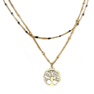 Collana a doppio strato placcata oro 18k con ciondolo albero della vita e perline nere