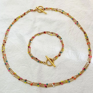 18K Gold Plated Stainless Steel Multi Layer Necklace Bracelet Colorful Enamel Beads Toggle Clasp Clavicle Chain Women