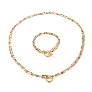 18K gold stainless steel multi-layered necklace and bracelet set with colorful beads and OT buckle