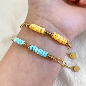 Paperclip Chain Bracelet Stainless Steel Colorful Stone Beads Gold Plated Adjustable Summer Beach Jewelry Women