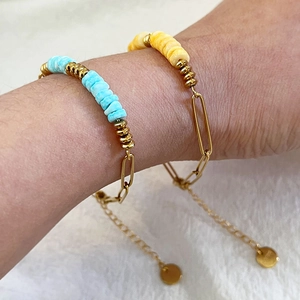 Colorful shell bead and golden paperclip chain bracelets set with adjustable clasp for women