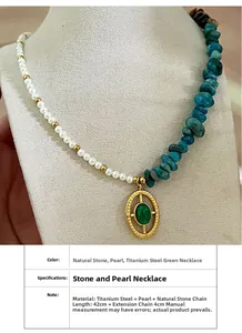 Detail of mixed necklace with white pearls, green natural stones and golden oval pendant