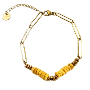 Golden stainless steel paperclip chain bracelet with yellow shell disc charms for women