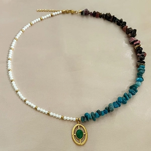 Asymmetric Pendant Necklace With Natural Crushed Stones Artificial Pearls And Green Gemstone Stainless Steel Retro Bohemian