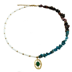 Asymmetric necklace with white pearls, blue stones, and gold green gem oval pendant