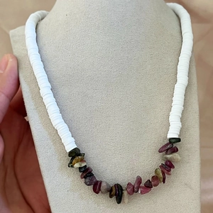 Bohemian choker necklace with white heishi beads and colorful irregular natural stones