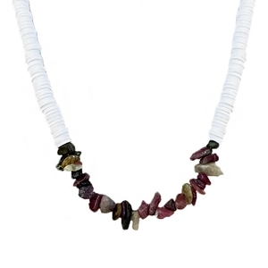 Handmade beaded necklace with white disc beads and colorful irregular natural stones