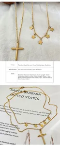 Detail of layered gold titanium necklace featuring a cross pendant and five small stars