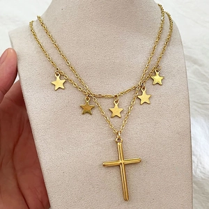 Double Layer Necklace For Women Gold Plated Titanium Steel Star And Cross Pendants Trendy Chic Choker Jewelry Accessory