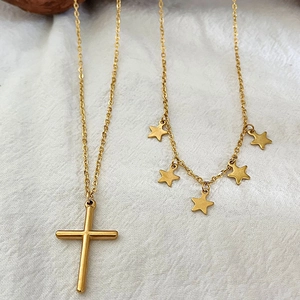 Double-layered gold star and cross pendant necklace made of durable stainless steel
