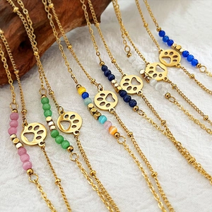 French vintage opal cat paw bracelets in gold plated finish with colorful beads and zircon
