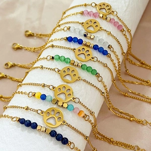 French vintage gold cat paw bracelet with multi-color opals and zircon accents