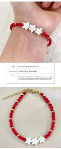 Detail of red beaded shell star bracelet with adjustable stainless steel chain