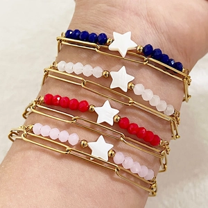 Double Layer Star Beaded Bracelet 18K Gold Plated Stainless Steel Shell Pendant Paperclip Chain Jewelry For Women