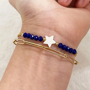Double-layered 18K gold stainless steel bracelet with blue beads and star charm