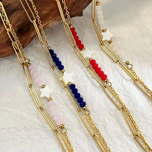Layered 18K gold stainless steel bracelet with colored beads and white star pendant