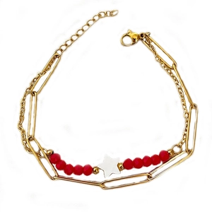 Double-layered 18K gold stainless steel bracelet with red beads and a star pendant