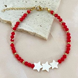 Handmade Beaded Bracelet Red Faceted Beads White Shell Pentagram Star Charm Minimalist Sweet Women Stainless Steel Clasp