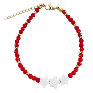 Handmade beaded bracelet with red faceted crystal beads and white shell star charms