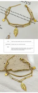 Detailed view of 18K gold plated stainless steel double layer star and leaf bracelet