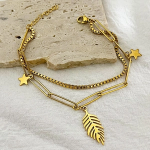 Double Layer Stainless Steel Bracelet Leaf Star Pendant Gold Plated Paperclip Box Chain Fashion Jewelry For Women