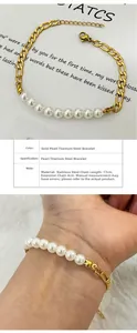 Detail of gold stainless steel pearl bracelet showing 17cm length and 4cm extension