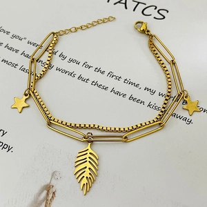 Double-layered 18K gold plated stainless steel star and leaf pendant bracelet for women