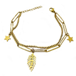 Double-layered 18K gold plated stainless steel bracelet with star and leaf charms