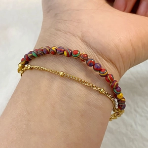 Double-layer natural stone beaded bracelet with gold stainless steel chain for women