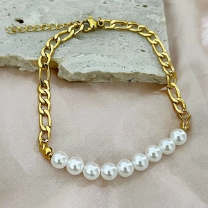 Bohemian Artificial Pearl Bracelet Stainless Steel Figaro Chain 18K Gold Plated Adjustable Spliced Jewelry For Women