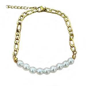 Bohemian gold Figaro chain bracelet featuring nine white pearls and adjustable lobster clasp