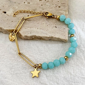Women Vintage Stainless Steel Gold Plated Paperclip Chain Bracelet Light Blue Faceted Beads Star Round Charm Adjustable