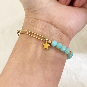 Retro gold paperclip chain bracelet with blue beads and a star pendant for women