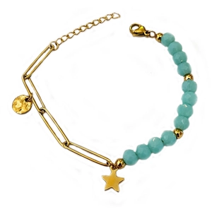 Retro gold titanium steel bracelet featuring light blue faceted beads and a star charm