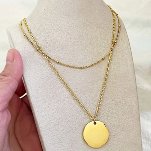 Double Layer Necklace Stainless Steel Polished Round Disc Pendant Satellite Bead Chain Minimalist Gold Jewelry For Women