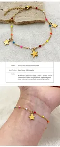 Detail of gold star bracelet with multi-color beads and stainless steel chain length info