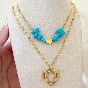Layered Necklace Stainless Steel Bohemian Turquoise Heart Pendant Hollow Heart Charm Vintage Style Jewelry Women