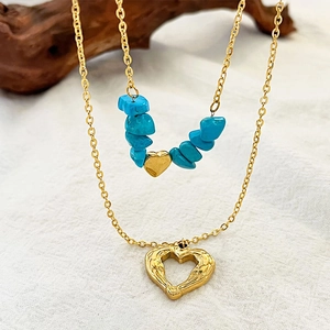 Bohemian gold stainless steel double layer heart necklace with turquoise beads detail