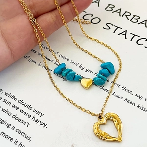 Bohemian layered stainless steel necklace with turquoise beads and heart pendant charm