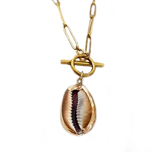 Collana bohémien in acciaio inossidabile con ciondolo in conchiglia naturale e chiusura T