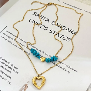 Bohemian double-layer stainless steel heart necklace with turquoise stone on book